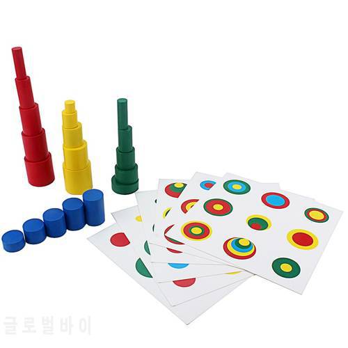 Montessori Sensory Toys Colors Shapes 20Pcs Wood Cylinder Blocks with 6Pcs Stand Card Colorful Compare the Size/Color Small Size