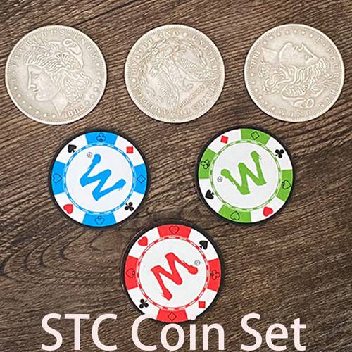 STC Coin Set Magic Tricks Coin Change Penetrate Magia Close Up Illusions Gimmick Props Multiplying Silver Coins to Chip Magica