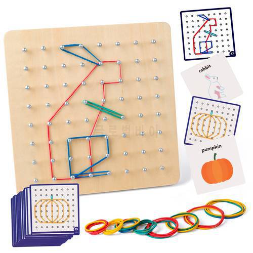 Coogam Wooden Toys Geoboard Mathematical Manipulative Block-30Pcs Pattern Cards Geo Board with Rubber Bands STEM Puzzle for Kids