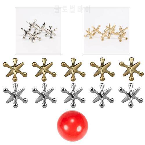 Jack Games- 10 Pcs Gold and Silver Metal Jacks 1 Red Rubber Bouncy Balls Classic Game of Jacks for Party Favor Kids and Adult