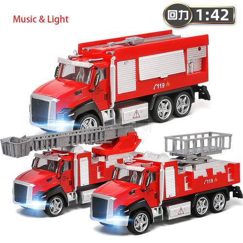 1:42 Simulation 21cm Rescue Fire Truck Alloy Diecasts Vehicle Music Light Pull Back Spray Water Car Model Toy Gift for Boys Y163