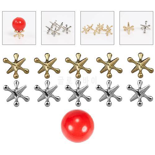 10 Set of Jacks Game Christmas Toys Kit Include 10 Pieces Metal Jacks and 1 Pieces Red Bounce Balls for Kids Board Game