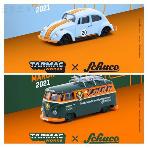 Tarmac Works X Schuco 1:64 VW-Beetle Gulf 20 / T1 Panel Van Jagermeister Low Ride Height with Roof Rack