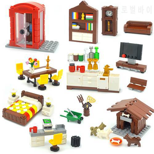 City MOC Blocks Furniture Bricks TV Computer Sofa Bed Desk Model DIY Kennel Set Creative Building Blocks Toys for Children Gifts