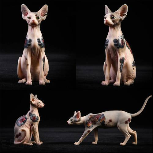 JxK 1:6 Scale Tattoo Canadian Hairless Cat Pet Sphynx Healing Figure Felidae Animal Collector Toy Resin Desktop Decoration Gift