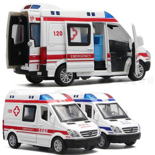 1:32 Hospital Rescue Ambulance Police Diecast Metal Car Model with Pull Back Sound Light Toys Gifts BoysToy Car