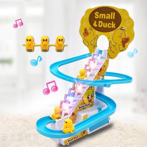 New Cute Cartoon Electric Duck Climbing Stairs Toy Children Roller Coaster Toy Set With Flashing LED Light Carry Perfect Gift