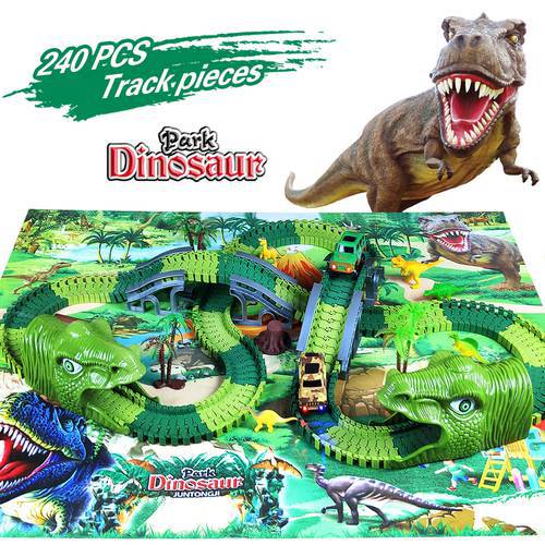 Dinosaur Play Set Electric Rail Led Car DIY Toy Tracks Velociraptor Triceratop T-Rex Dino World Park Brick Toy for Boy