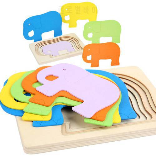 Montessori Panel Animal Puzzle Toy Wooden 3D Multilayer Gradient Color Elephant Duck Puzzle Early Learning Color Cognitive Panel