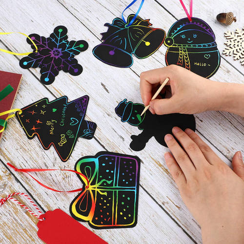 24PCS Scratching Card Color Christmas Tree Ornaments Scratching Paper Chirldren Drawing Toy Christmas Gifts