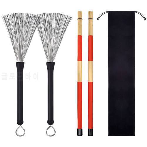 1 Pair Drum Brushes Retractable Wire Brushes Drums Drum Sticks Brush + 1 Pair Rods Drum Brushes Sticks Drum Stick Set