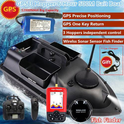 16 GPS Point Intelligent Return 3 Hopper RC Fishing Boat Bait 500M 6H LCD Screen Fish Finder Remote Control GPS RC Bait Boat