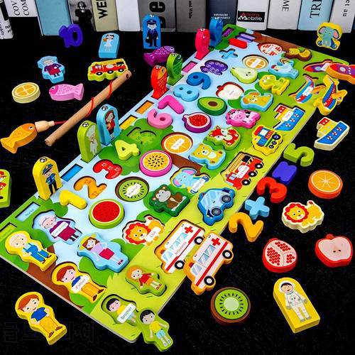 Montessori Wooden Toys 7 in 1 Fishing Busy Board Wooden Blocks Multifunctional Character Cognitive Shape Matching Blocks