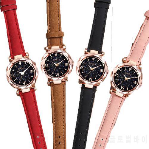 Women Watch Fashion Leather Band Ladies Quartz Wrist Watch Starry Sky Round Dial Roman Number Rhinestone Leather Band Watch