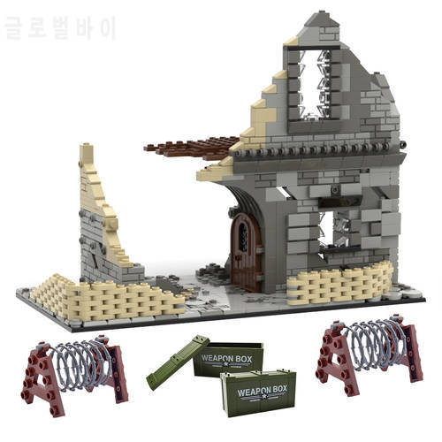 740Pcs+ WWII Series Military Scenes Battle Ruins with Barricades Weapons Model Small Particles Bricks Kit Building Blocks Set