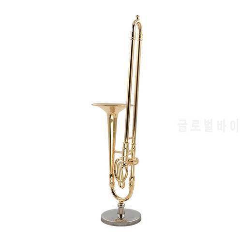 12Cm Miniature Pure Copper Trombone Model With Support Mini Musical Instrument Model With Black Leather Box
