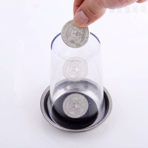 Hot Sale Coin Penetrates into the Cup Tricks The Good Stretch COINS Through the Glass Magical Steel Cup Mat Magic Trick Props