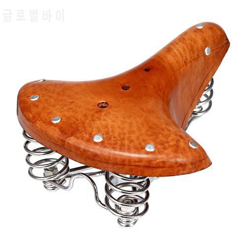 Vintage Genuine Leather Bicycle Saddle Seat Comfortable Riding Cushions Bike Saddle Bicycle Parts Replacement Brown
