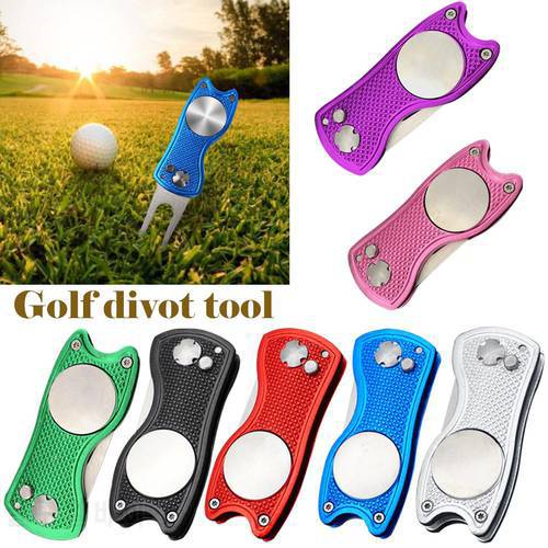 Golf Divot Tool Folding Golf Turf Tool with Pop Up Button and Magnetic Ball Maker
