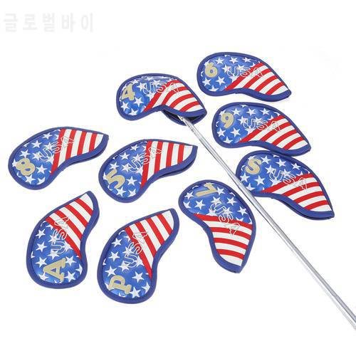9Pcs Waterproof Leather Golf Club Iron Cover Headcover USA Flag Embroidery Golf Iron Head Covers Set Golf Headcovers Wedge Cover