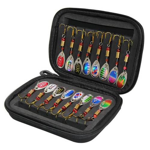 Sequins Lure Bag Spinner Bag Set Composite Baits Fly Hooks Metal Sequin Spoon Lures with EVA Hard Shell Storage Case Fishing Bag