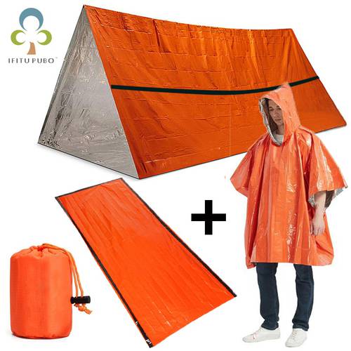 2pcs/set Emergency Sleeping Bag & Raincoat First Aid Sleeping Gears Thermal Waterproof Outdoor Camping Hiking Sun Protection ZXH