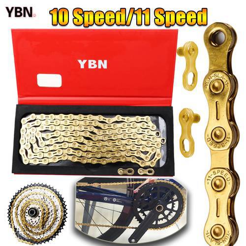 YBN 10 11 S Speeds 116L Bicycle Chain Gold Link X10 X11 SLR Ultralight TIG Half Hollow MTB Road Bike Chains With 2 Magic buckles