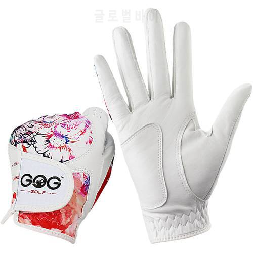 Pack 1 Pair Golf Gloves Women Left and Right Hand Genuine Leather Lycra Non-Slip Colorful Fabric Breathable Soft Sports Gloves