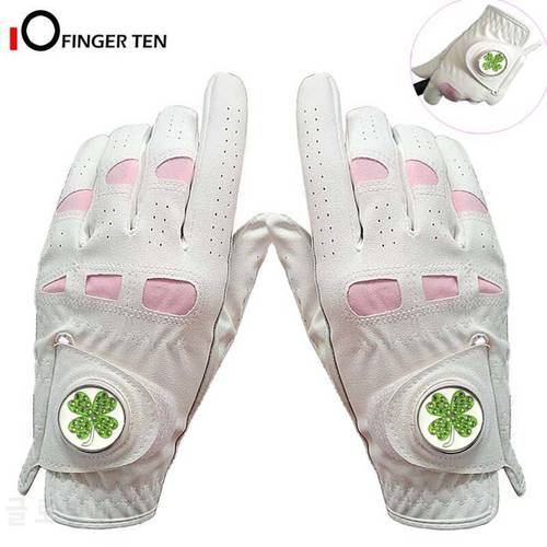 Deluxe Leather Comfortable Golf Gloves Women Pair with Ball Marker Left Right Hand All Weather Grip Size S M L XL