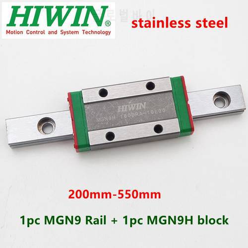 1pc HIWIN Stainless Steel linear guide MGN9 250 300 330 350 400 450 500 550 mm rail + 1pc MGN9H slider block for 3D Printer CNC