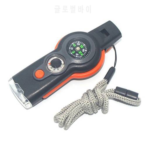 Multifunction 7 in1 Outdoor Survival Whistle Keychain with Compass Magnifier Thermometer Travel Sports Entertainment