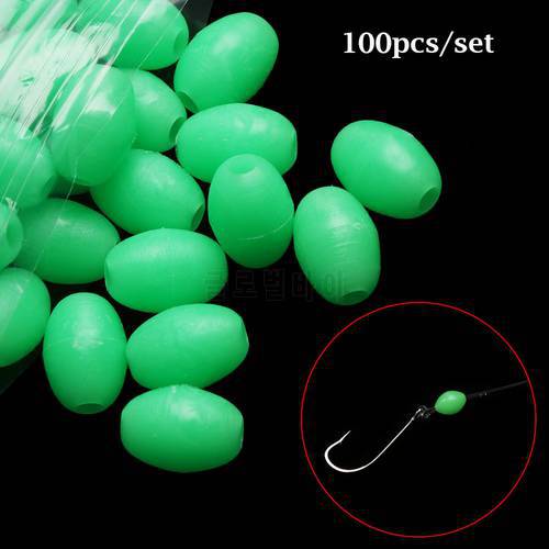 100 Pcs Oval Plastic Green Luminous Fishing Floats Beads Glowing Sink Balls Treble Hook Fishing Rigs Lure Fishing Tackles Access