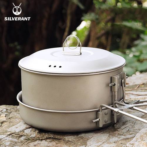 EDC Titanium Pot And Frying Pan Combination 2 Piece Set Outdoor Large Camping Cookware With Folding Handle For Travel Bushcraft