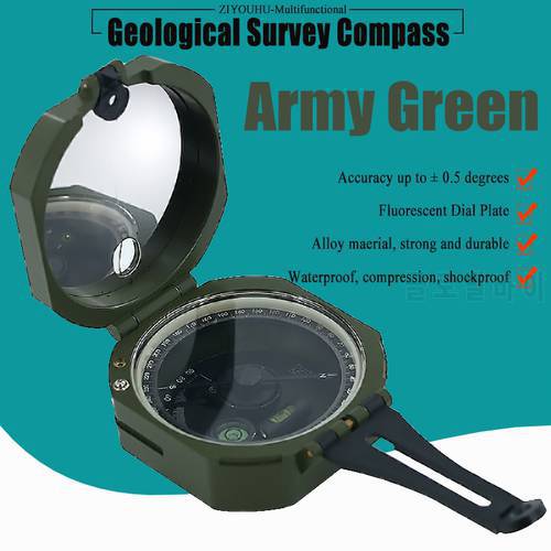 Military Multifunctional Fluorescent Geological Survey Compass Green Pocket Transit Waterproof & Anti-Shake for Outdoor Survival