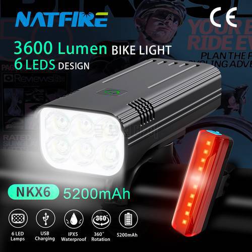 NATFIRE 6 LED Bike Light 3600 Lumen Rechargeable Bicycle Light Flashlight Front and Back Rear Light for Outdoor MTB Road Cycling