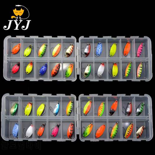 JYJ box package colorful 2.5 g 3g 3.4g 4.5g hard metal fishing spoon lure set walleye trout spoon baits spoon jig baits