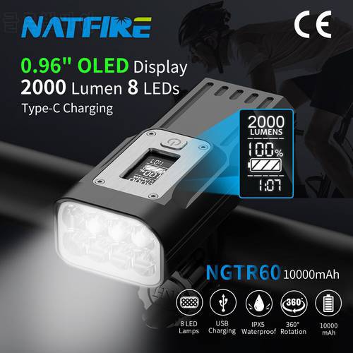 NATFIRE NGTR60 Powerful Bike Light OLED Display 10000mAh Rechargeable Bicycle Headlight Flashlight Type-C Charging 2000LM Lamp
