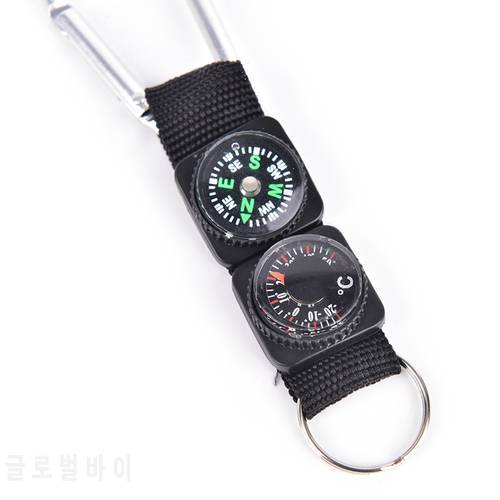 Multifunction 3 In 1 Camping Climbing Hiking Mini Carabiner W Keychain Compass Thermometer Hanger Key Ring Black