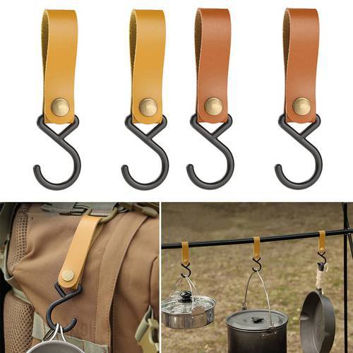 S-Shaped Leather Hanging Hooks Triangle Storage Rack Shelf Hook Keychain Portable Outdoor Camping Hiking Hanger Camping Supplies