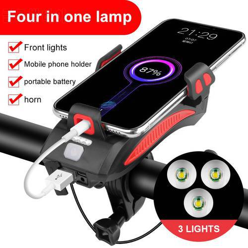 Multi-Function 4 in 1 Light Flashlight Bike Horn Alarm Bell Phone Holder Power Bank Bike Accessories Cycling Front Light