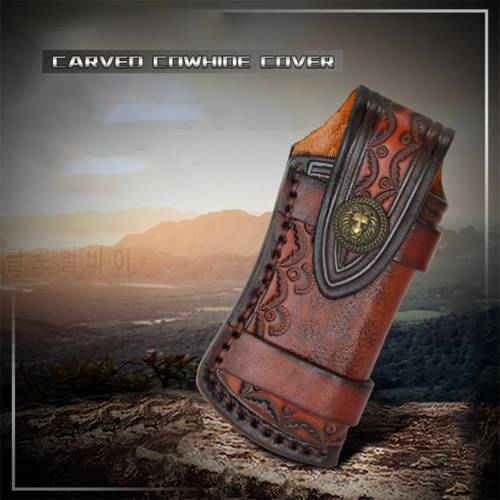 First Layer Genuine Leather Folding Knife Cover Scabbard Waist Belt Carved Storage Case Pouch Outdoor Making Knife DIY Parts