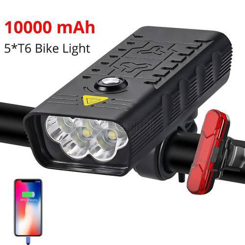 10000mAh Front Bike Light 5T6 3000 Lumens Bicycle Light USB Rechargeable Powerful Flashlight MTB Lamp LED Headlight Rear Light