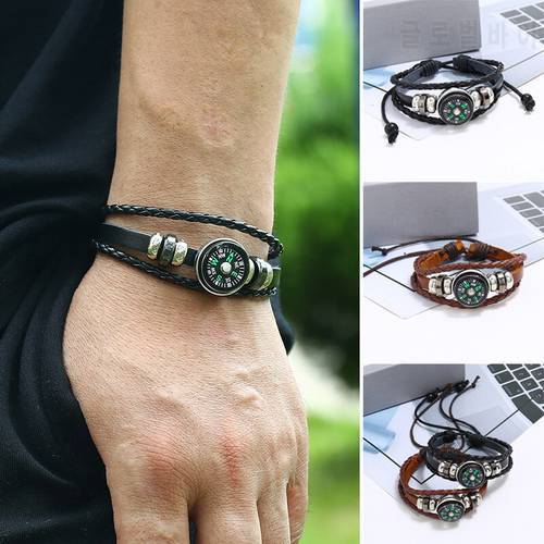 Beaded PU Leather Compass Bracelet Multi-layer Hand Woven Outdoor Portable Compass for Men Women Survival Navigation Tool