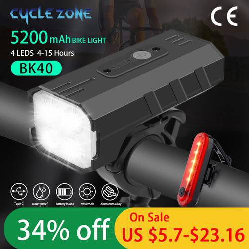 CYCLEZONE BK40 Bike Light USB Rechargeable T6 LED Bicycle Light 6/7 Modes MTB Flashlight Front Lamp With Rear Taillight Cycling