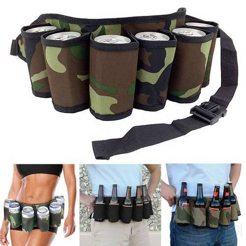 Portable Beer Belt 6 Pack Holster Hanging Organizer Adjustable Handy Drink Beverage Wine Bottle Holder Waist Pocket for Outdoor
