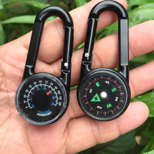 Zinc alloy portable quick-hanging compass, outdoor camping, double-sided carabiner, compass with thermometer