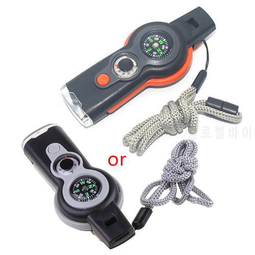 Multifunction 7 in1 Outdoor Survival Whistle Keychain with Compass Magnifier Thermometer Travel Sports Entertainment Camping
