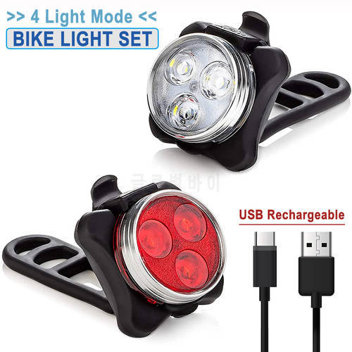 USB Rechargeable Bike Light Set Front Headlight and Rear LED Bicycle Light , 650mah Lithium Battery , 4 Light Mode Options