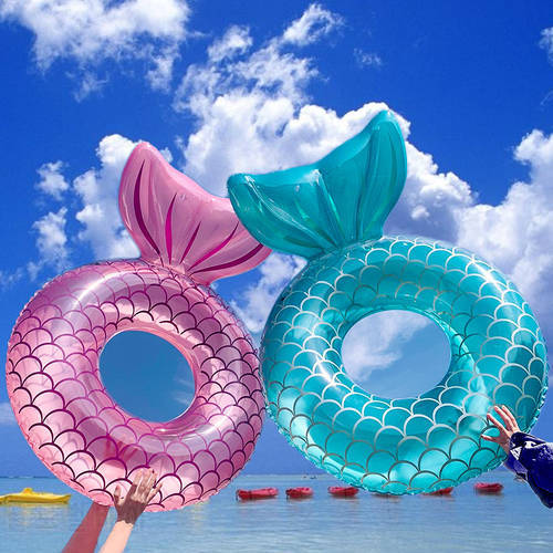 110 Blue Pink Mermaid Backrest Inflatable Swimming Ring Adult Swimming Laps Floating Ring Swimming Pool Beach Party Toy