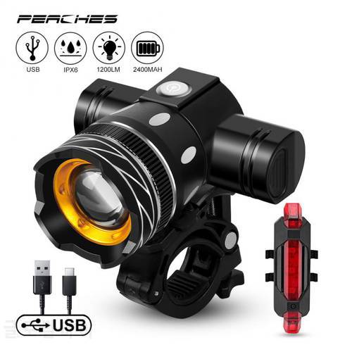 2400mAh Bike Front Light Taillight Bicycle Lantern T6 USB Rechargeable Lamps Headlight Zoom LED Flashlight Bicycle Accessories